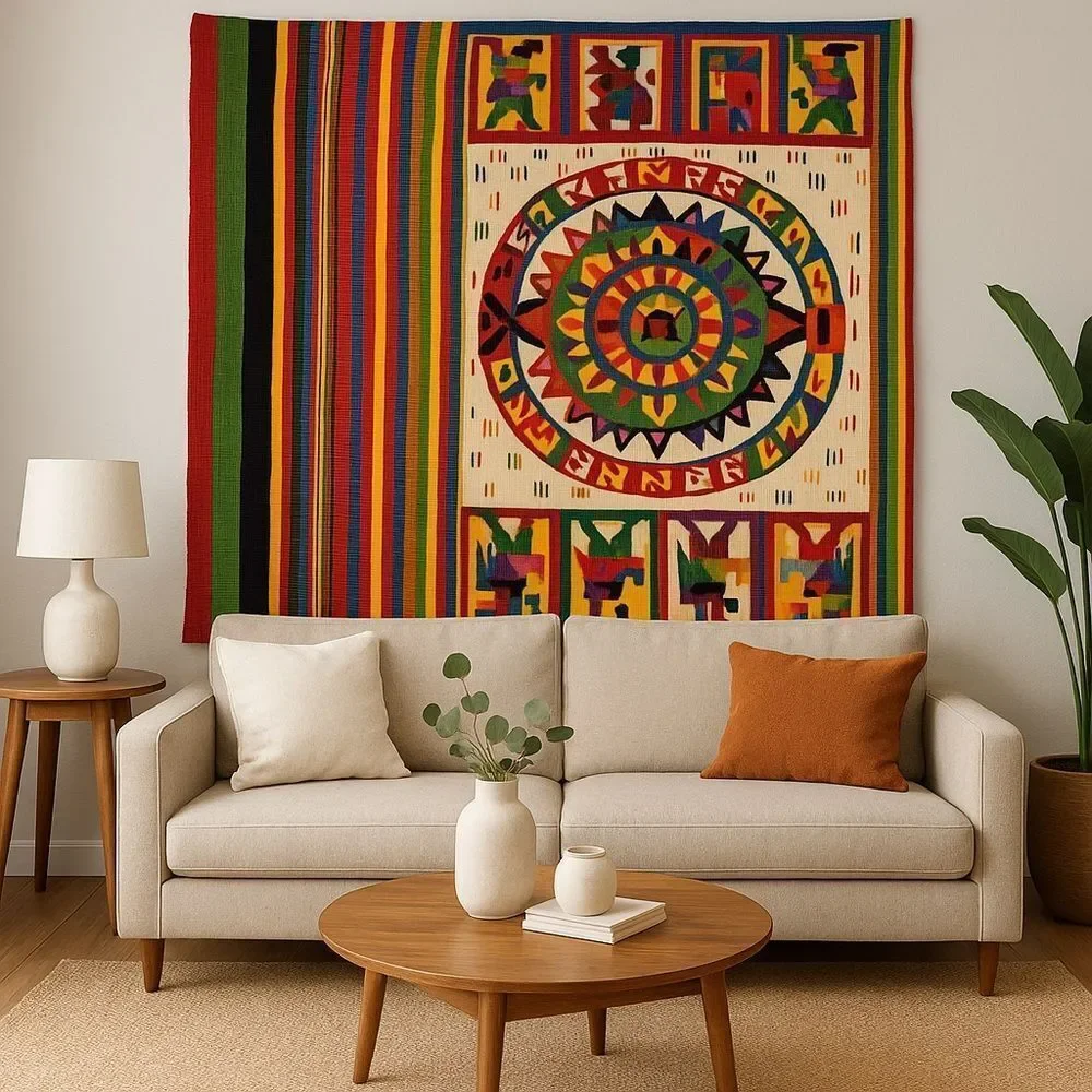 Vintage Handwoven Folk Tapestry Rug 57 x 80 Aztec Tribal Pattern Multicolor